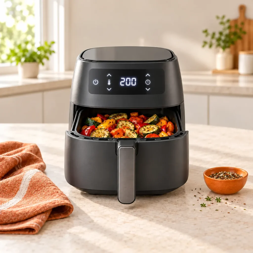 Airfryer anthracite au tiroir ouvert sur des légumes rôtis, posé sur un plan de travail clair