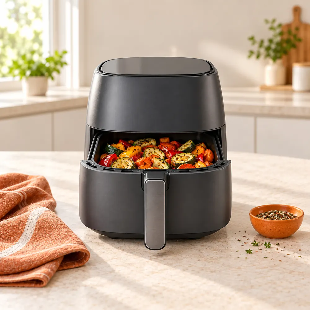 Airfryer anthracite au tiroir ouvert sur des légumes rôtis, posé sur un plan de travail clair