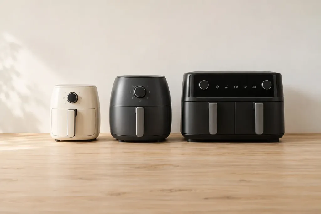 Trois airfryers de tailles différentes : compact crème, modèle moyen et grand double tiroir