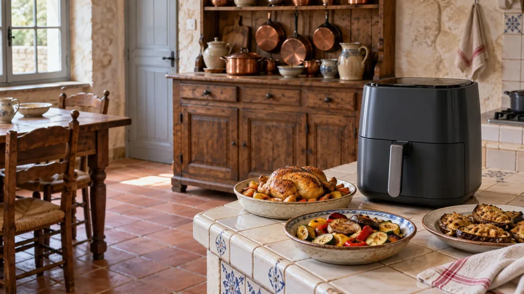 Airfryer gris anthracite dans une cuisine de campagne au sol en tomettes