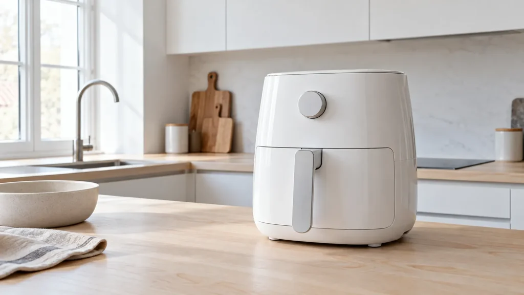 Airfryer blanc dans une cuisine blanche aux accents de bois clair