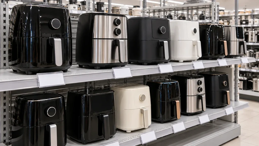 Rayon électroménager avec plusieurs airfryers exposés en magasin