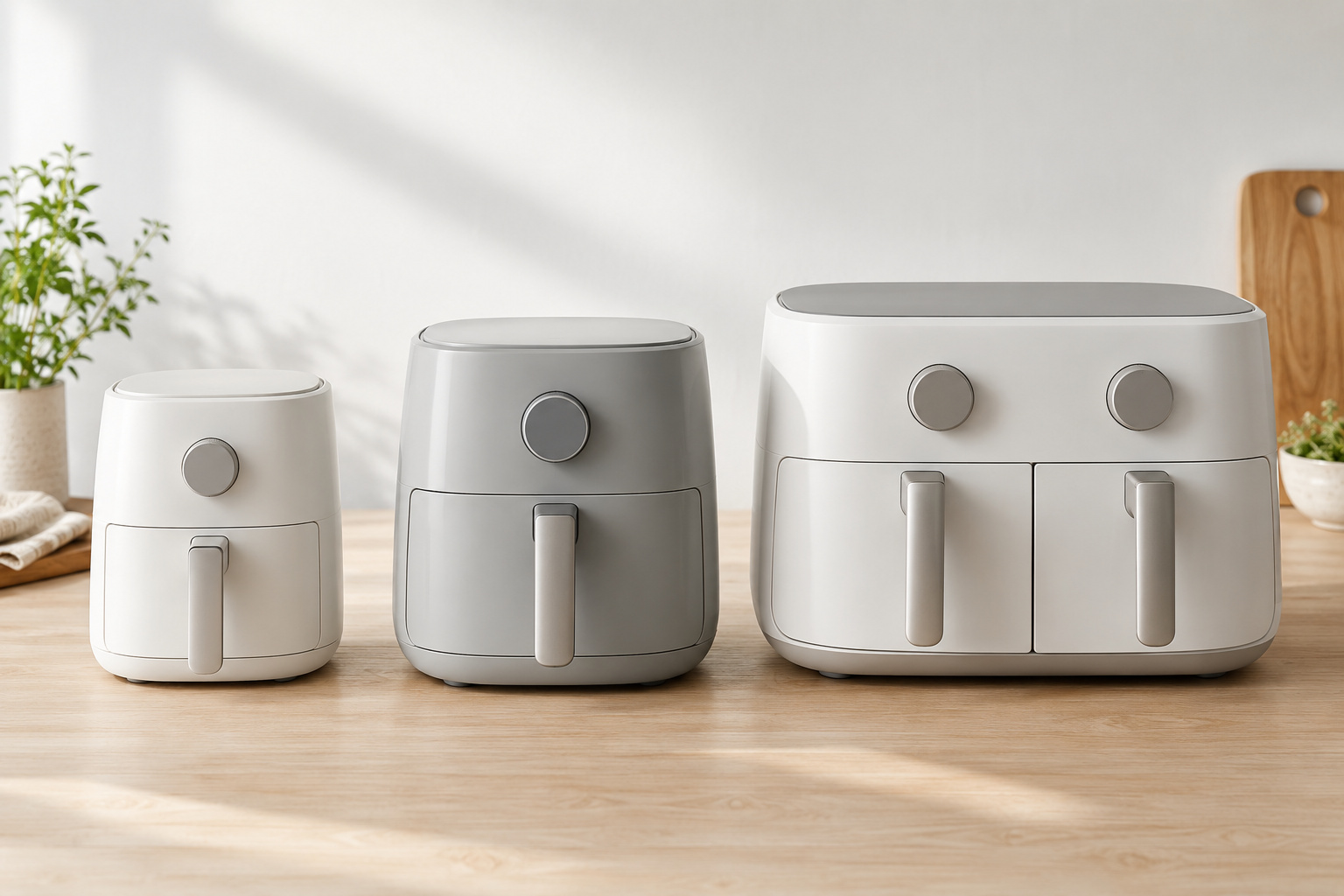 Trois airfryers de tailles différentes, du compact au double zone, comme dans la gamme Cosori