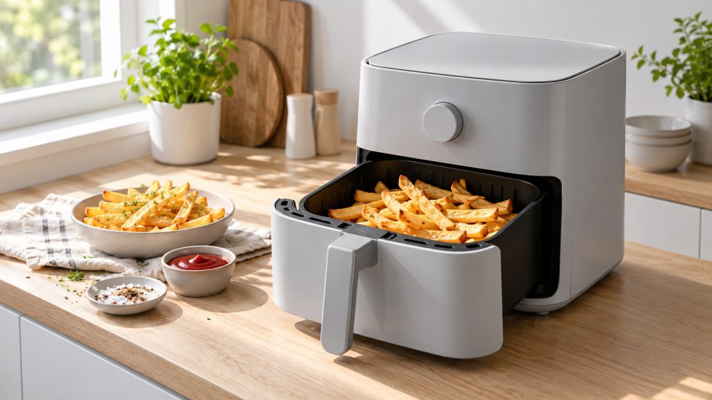 Airfryer à panier carré gris clair rempli de frites, style des modèles Cosori