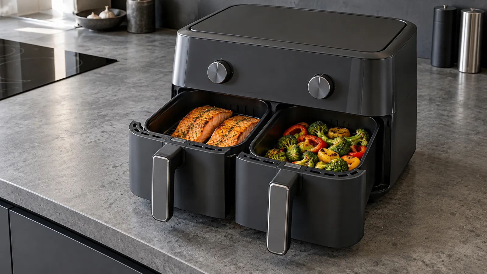 Airfryer double bac avec du saumon dans un tiroir et des légumes dans l'autre