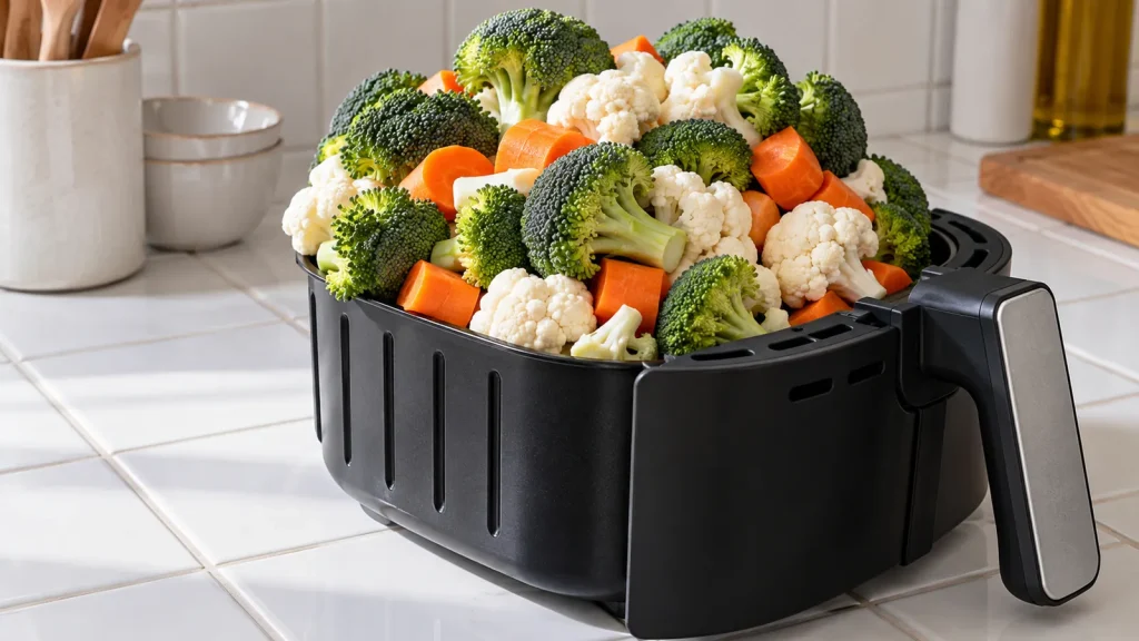 Panier d'airfryer trop rempli de légumes, une des erreurs airfryer les plus fréquentes