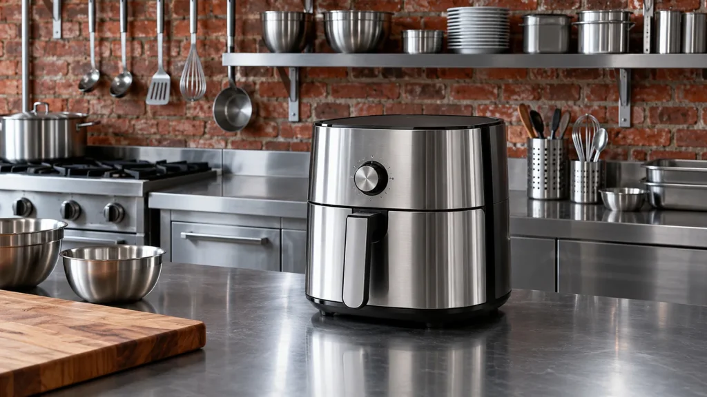 Airfryer inox brossé dans une cuisine industrielle aux murs de briques