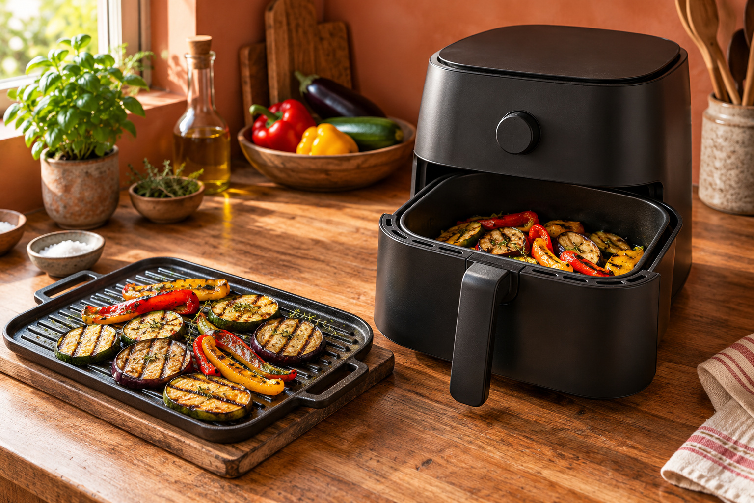 Plaque grill avec légumes grillés à côté d'un airfryer, comme sur l'Easy Fry & Grill de Moulinex
