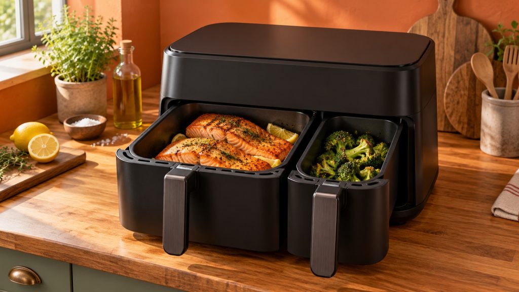 Airfryer à deux tiroirs de tailles différentes avec saumon et brocolis, format Dual Easy Fry de Moulinex