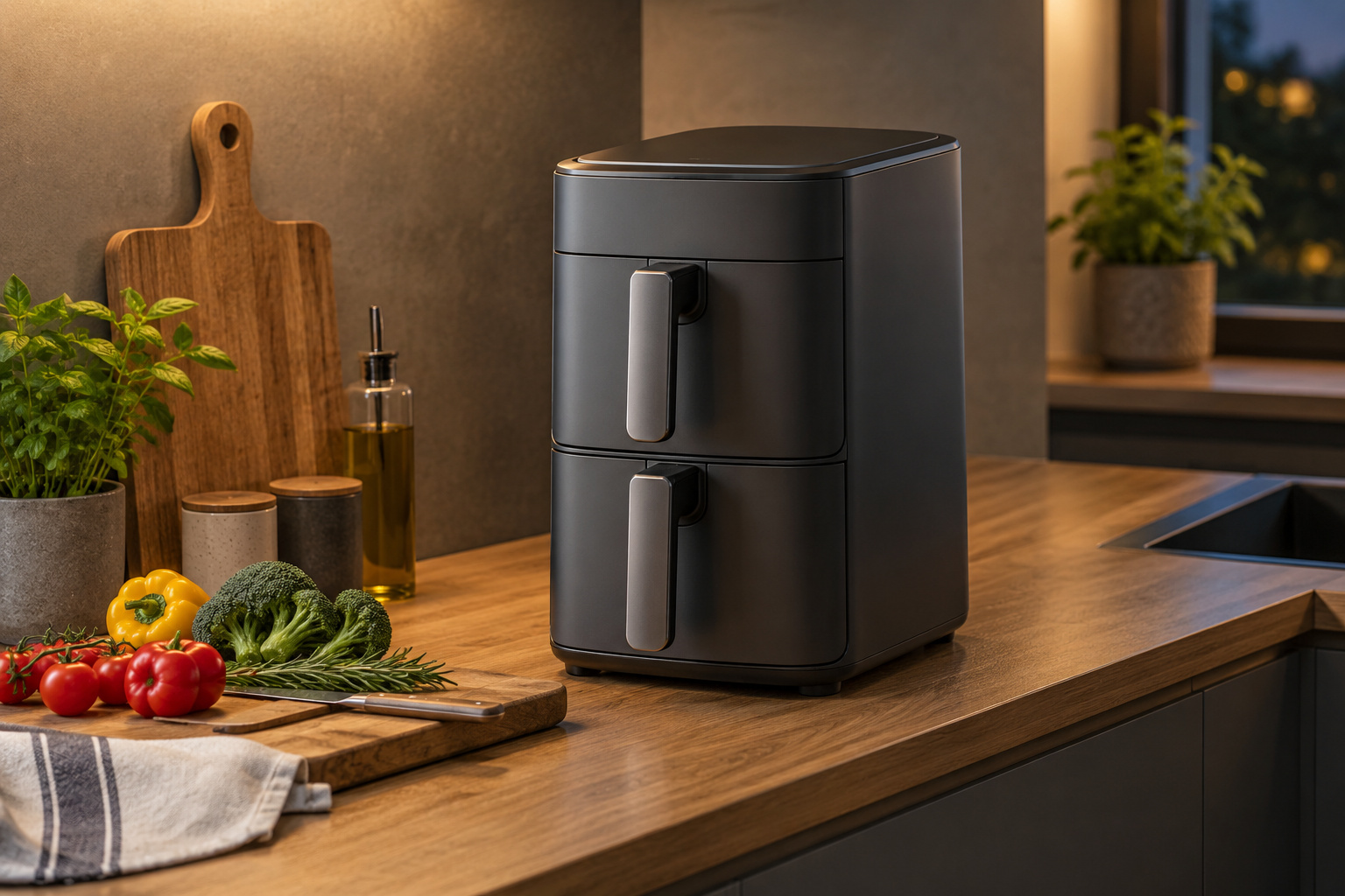 Airfryer à deux tiroirs superposés sur un plan de travail étroit, format DoubleStack de Ninja