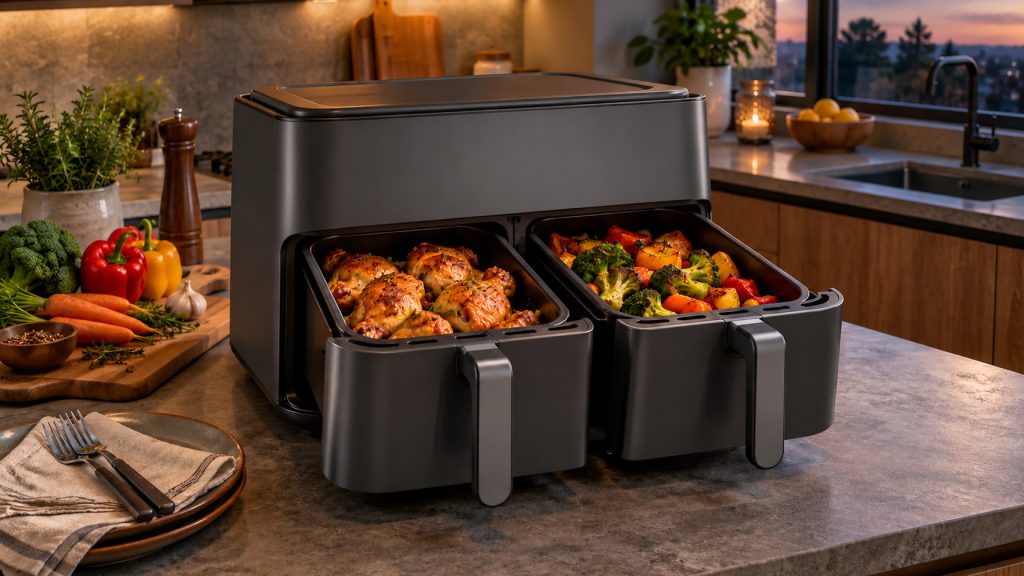 Airfryer à deux tiroirs côte à côte avec poulet et légumes, format DualZone popularisé par Ninja