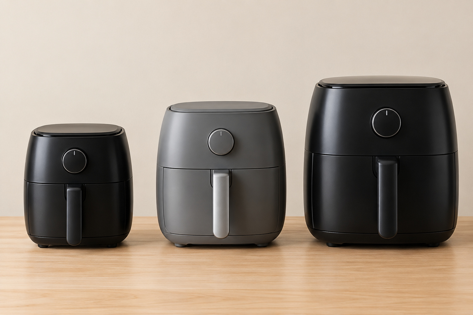 Trois airfryers simples de tailles différentes, du petit format au modèle familial