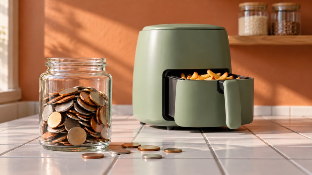 Petit airfryer vert sauge à côté d'un bocal rempli de pièces, symbole d'un airfryer pas cher à moins de 100 €