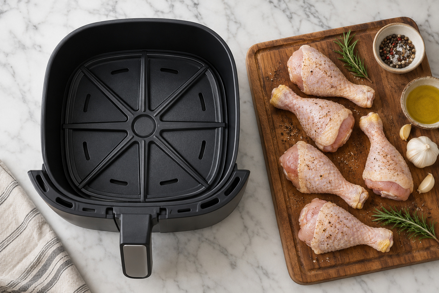 Panier d'airfryer à fond étoilé, principe du StarPlate de Philips, à côté de pilons de poulet