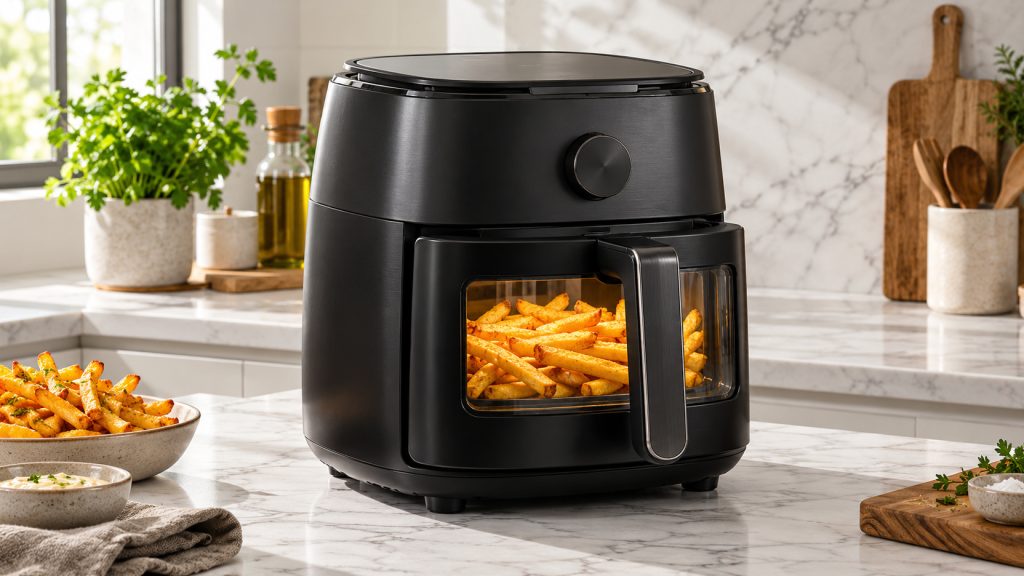Airfryer noir à fenêtre de cuisson montrant des frites, comme la Série 2000 de Philips