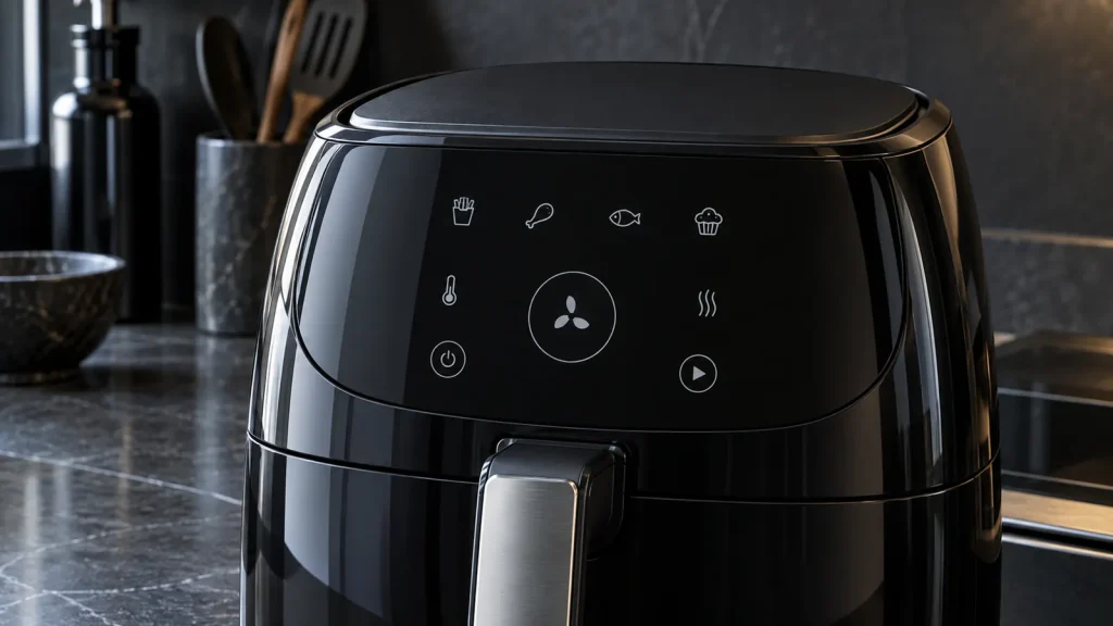 Airfryer noir à écran tactile, gros plan sur le panneau de commande