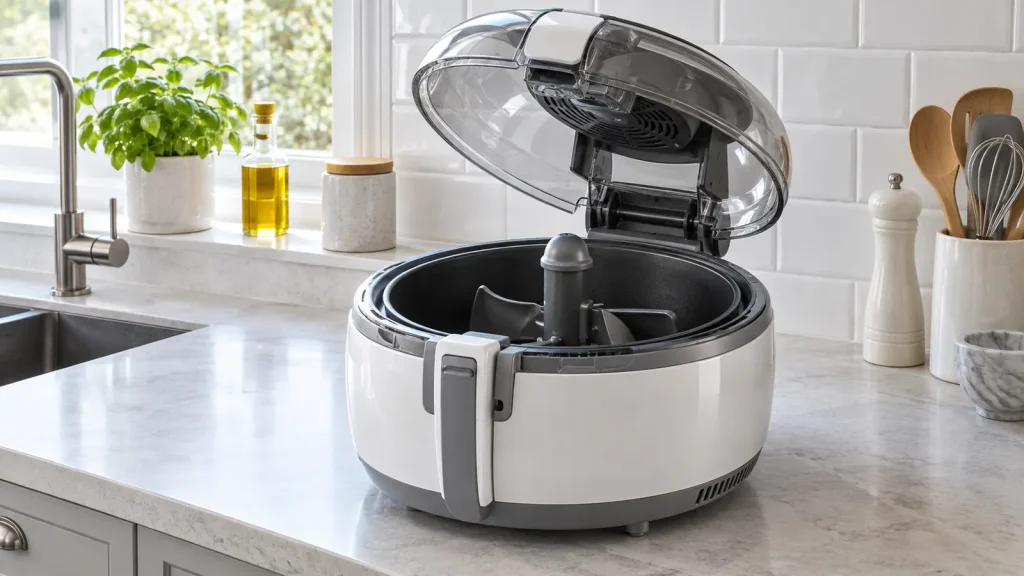 Airfryer à pale rotative et couvercle transparent, du même type que l'airfryer SEB Actifry, dans une cuisine blanche