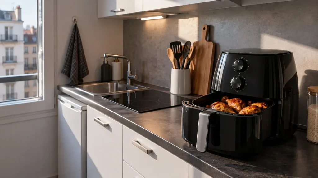 Petit airfryer noir à commandes mécaniques dans une cuisine de studio