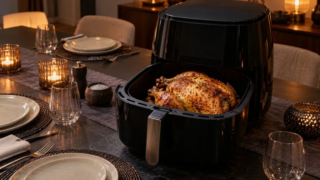 Airfryer XXL ouvert avec un poulet entier rôti sur une table dressée le soir