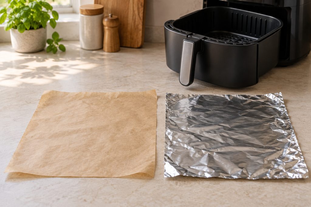 Feuille de papier cuisson et feuille d'aluminium posées devant un panier d'air fryer