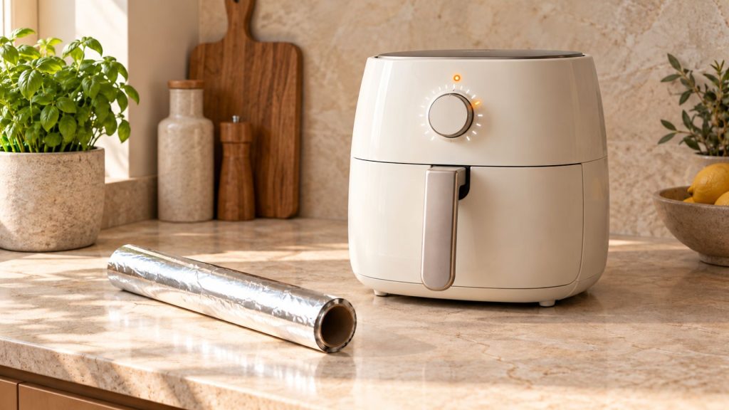 Rouleau de papier aluminium près d'un air fryer crème