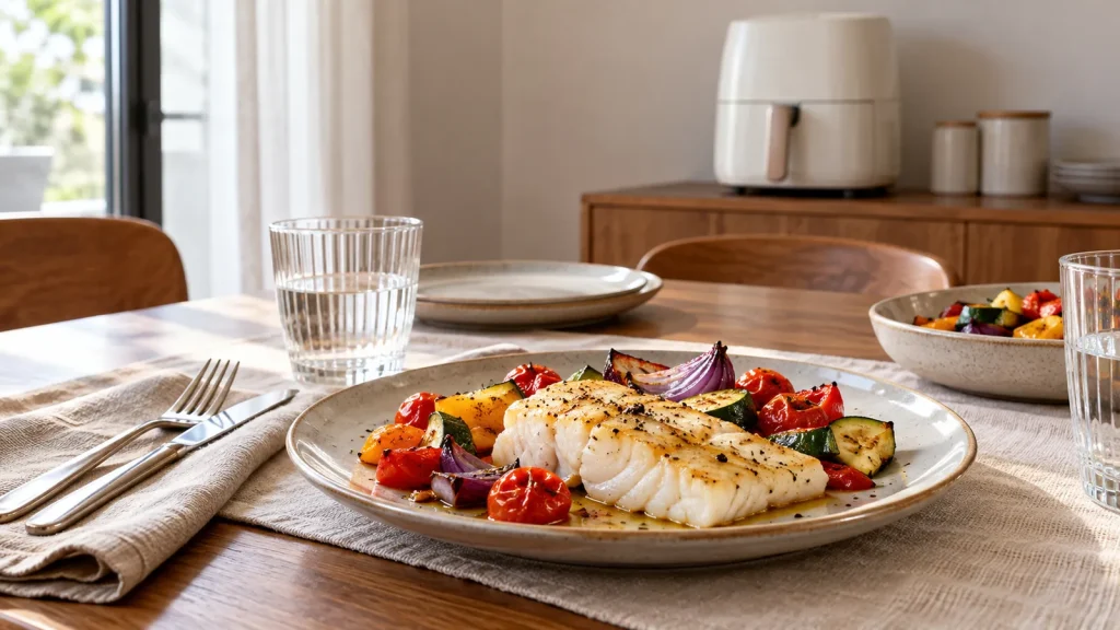 Assiette de poisson et de légumes rôtis, airfryer crème en arrière-plan