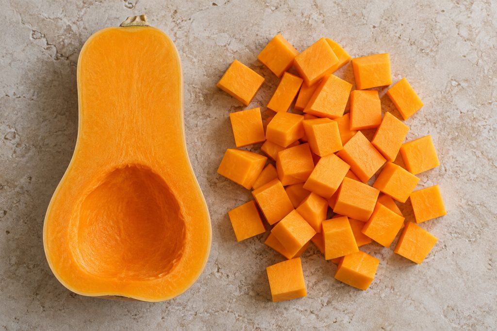 Demi-courge butternut épépinée et cubes crus sur un plan beige