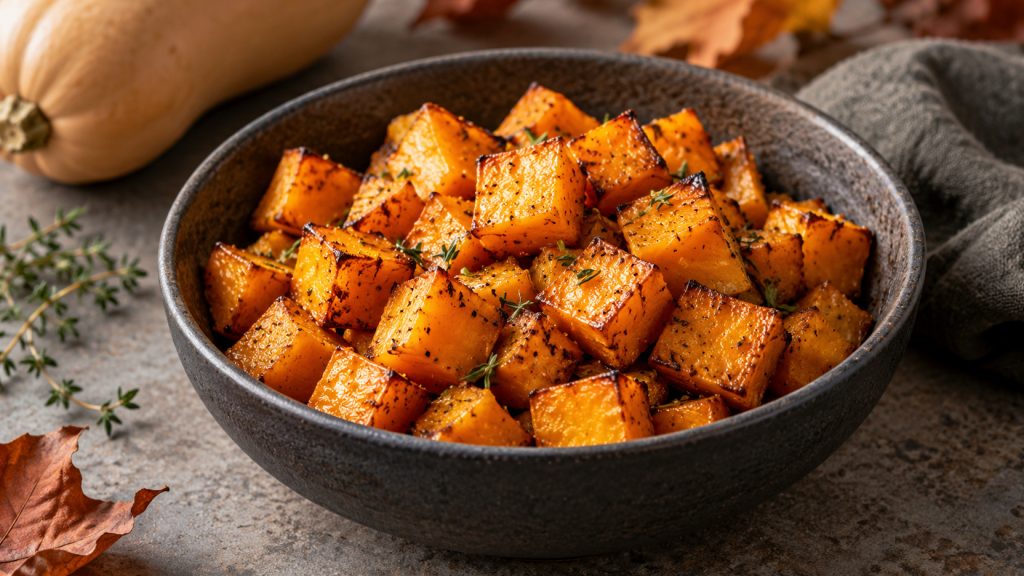 Cubes de butternut rôtis dans un bol anthracite