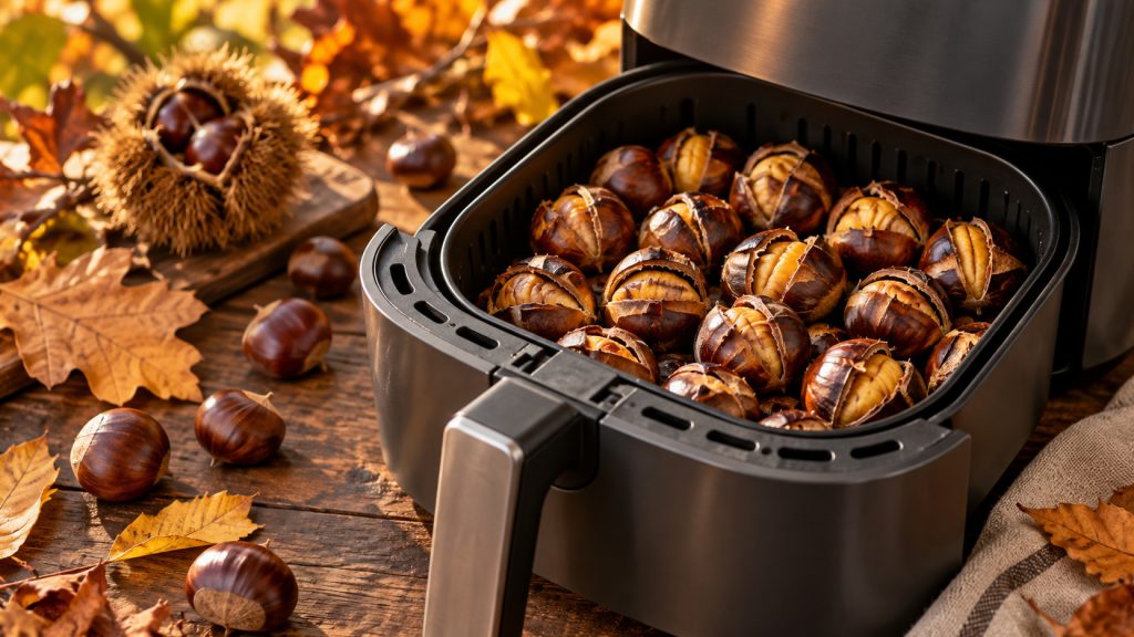 Châtaignes grillées dans le panier ouvert d'un air fryer, décor d'automne