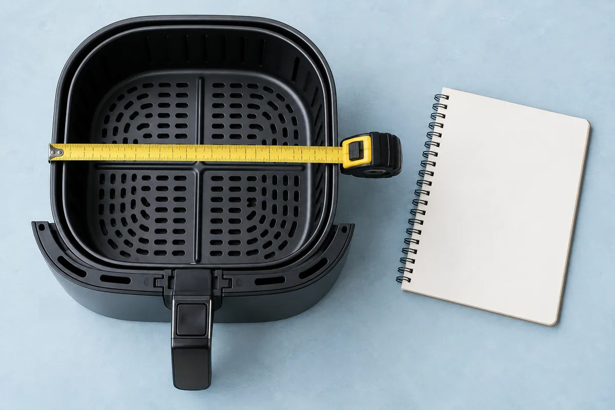 Mètre ruban posé sur le panier d'un airfryer à côté d'un carnet