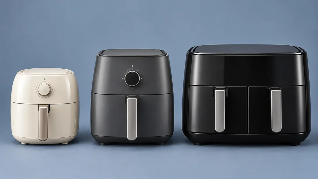 Trois airfryers de tailles et de couleurs différentes alignés pour bien choisir