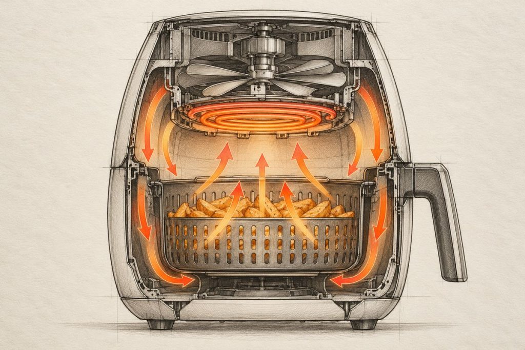 Croquis en coupe d'un airfryer : la résistance et le ventilateur en haut, des flèches montrant l'air chaud qui descend le long des parois puis remonte à travers le panier