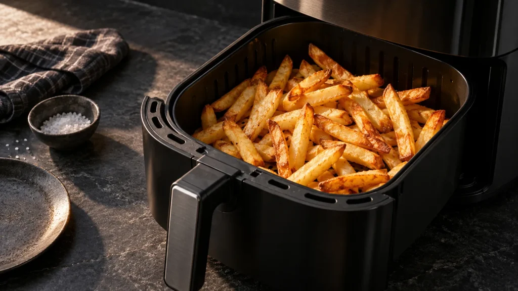 Frites maison dorées dans le panier d'un airfryer