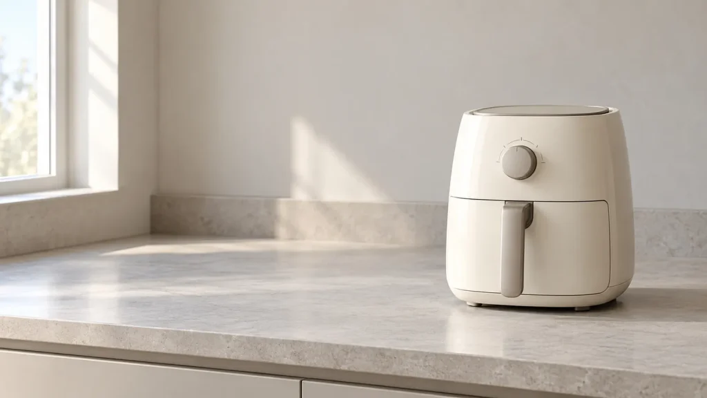 Friteuse à air chaud crème posée sur un plan de travail dégagé