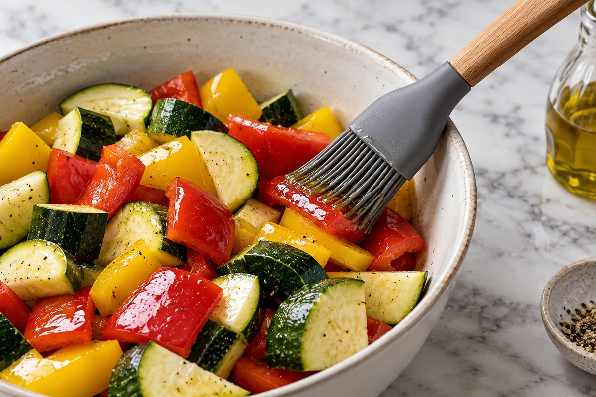 Pinceau de cuisine qui enduit d'huile des légumes coupés dans un bol