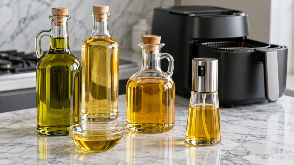 Bouteilles d'huile et pulvérisateur à côté d'un airfryer pour choisir son huile airfryer