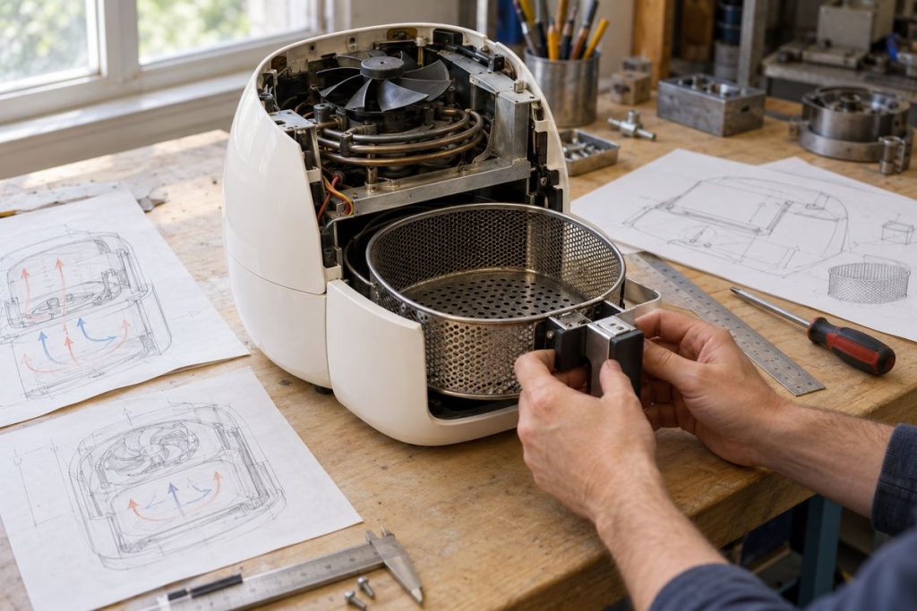 Prototype de friteuse à air chaud ouvert sur un établi, avec ventilateur, résistance, panier et plans de circulation de l'air