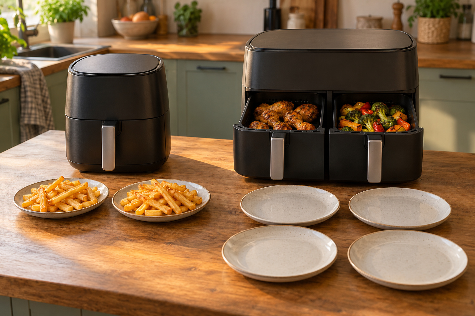 Petit airfryer pour deux et airfryer double bac familial avec poulet et légumes, devant des assiettes