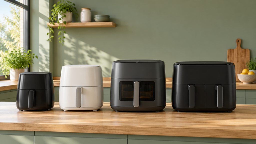 Meilleur airfryer 2026 : quatre airfryers de formats différents alignés sur un plan de travail en bois