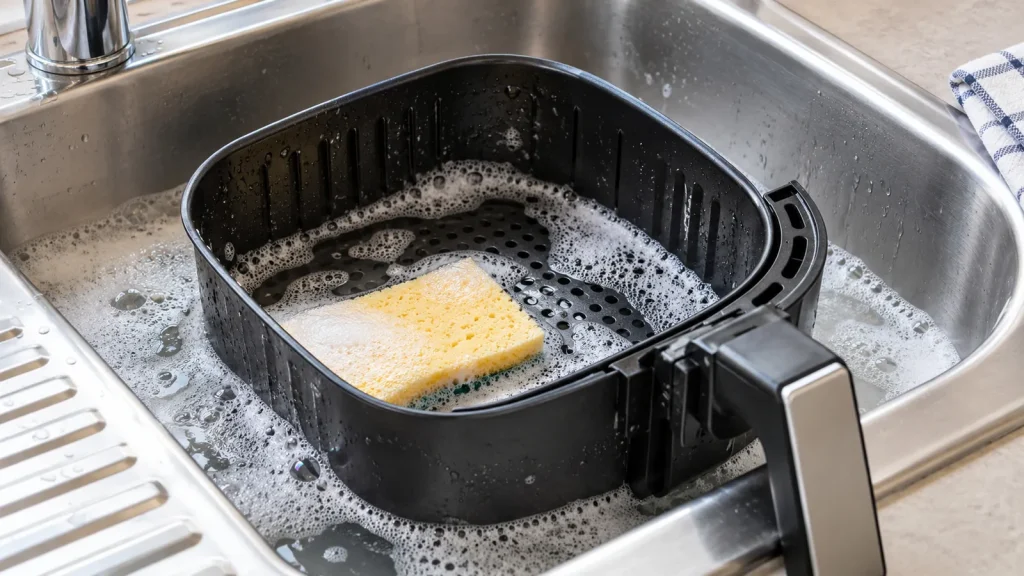Panier qui trempe dans l'eau savonneuse avec une éponge pour nettoyer son airfryer