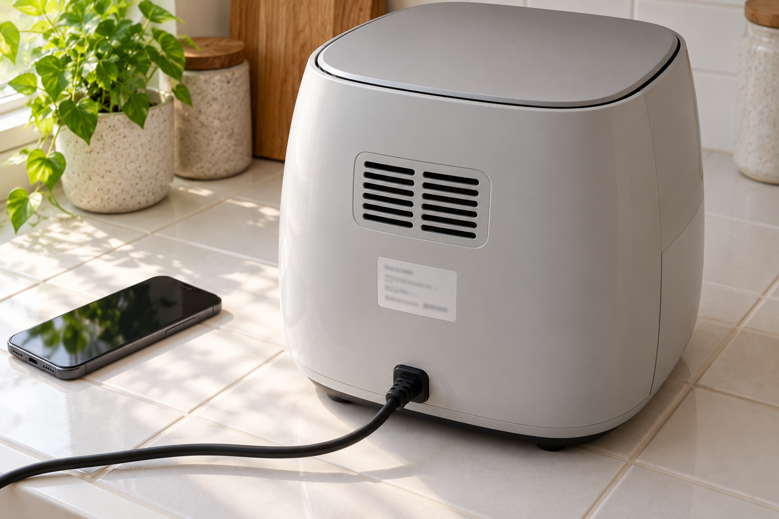 Arrière d'un airfryer gris clair avec l'étiquette de référence du modèle, utile pour retrouver sa notice