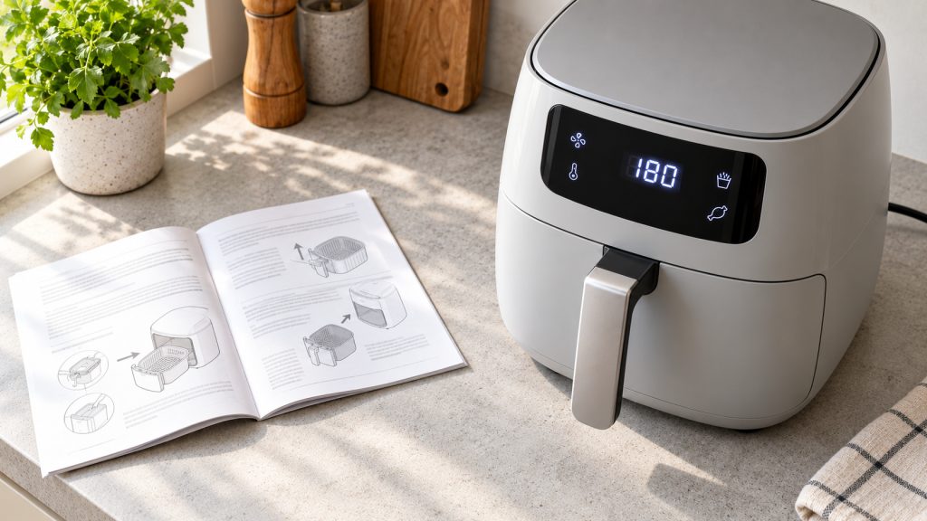 Notice airfryer ouverte avec schémas à côté d'un airfryer gris clair à écran allumé sur un plan de travail