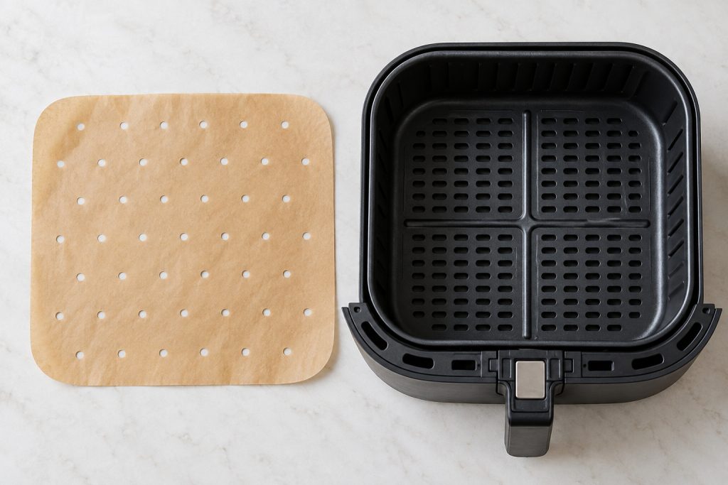 Feuille de papier cuisson perforée à côté d'un panier d'air fryer vide