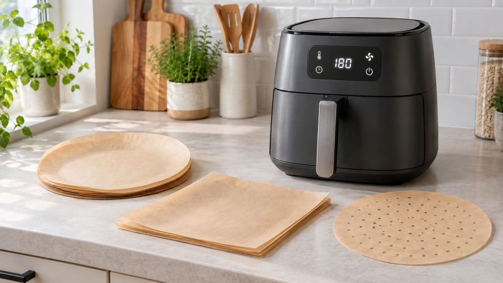 Air fryer anthracite et feuilles de papier cuisson rondes, carrées et perforées