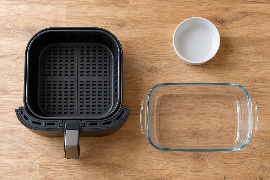 Panier d'air fryer vide à côté d'un plat en verre et d'un ramequin