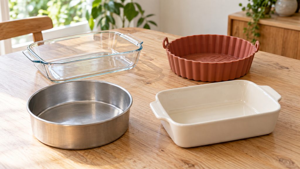 Plats en verre, silicone, métal et céramique posés sur une table en bois