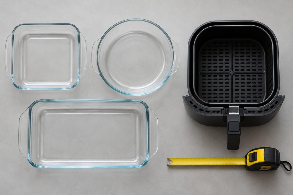 Plats en verre de différentes formes à côté d'un panier d'air fryer et d'un mètre ruban