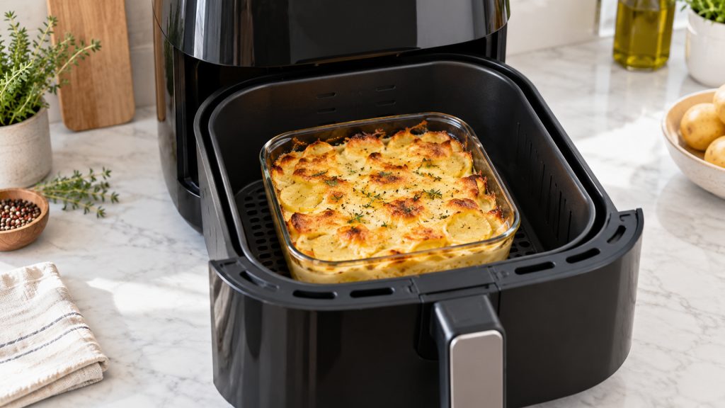 Gratin dans un plat en verre posé dans le panier d'un air fryer