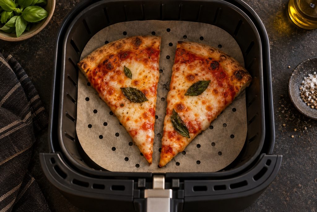 Deux parts de pizza sur du papier cuisson perforé dans le panier d'un air fryer