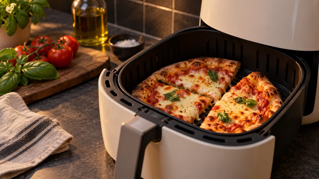 Parts de pizza réchauffées dans le panier d'un air fryer